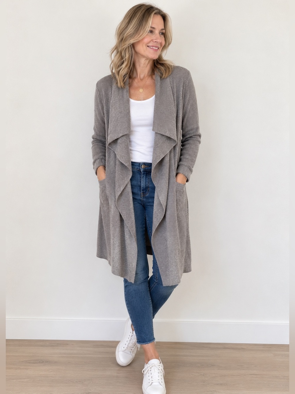 LINE Gray/Green Draped Open-Front Cardigan